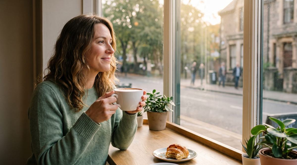 A woman sitting alone at a cafe window with a cappuccino, shoulders relaxed