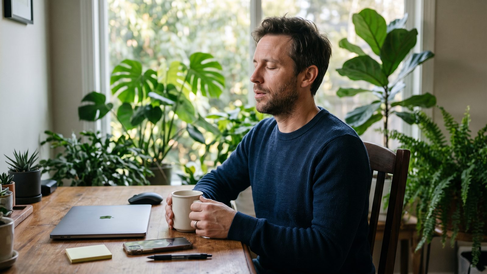 A man at his home desk among plants, pausing quietly with a cup of coffee in his hands