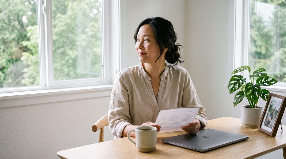 A woman at a home office desk holding a letter and looking out of the window