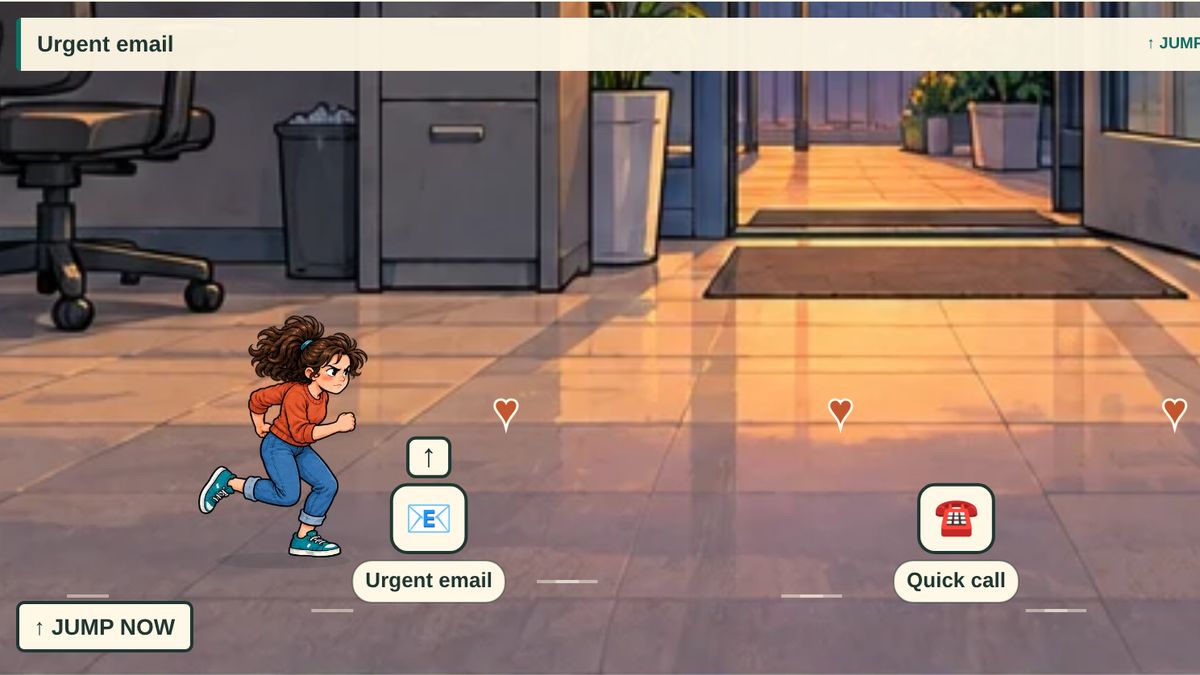 A scene from the Coffee with Mom game: the runner in an office corridor with Urgent email and Quick call obstacles ahead