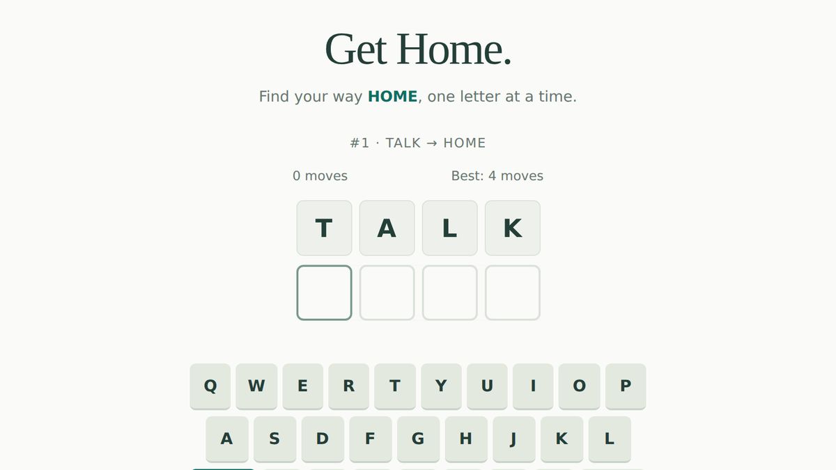 The Get Home word puzzle: four letter tiles reading TALK, an empty row below and an on-screen keyboard