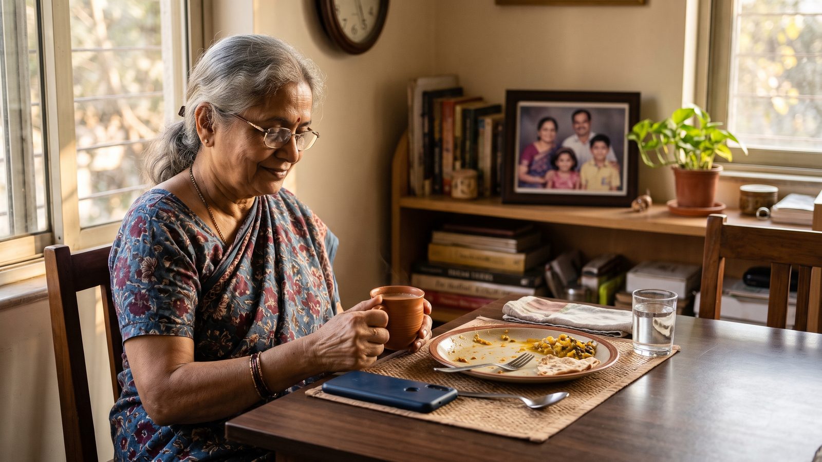 A woman sitting alone at her dining table with a cup of tea, glancing at her phone lying beside her lunch plate