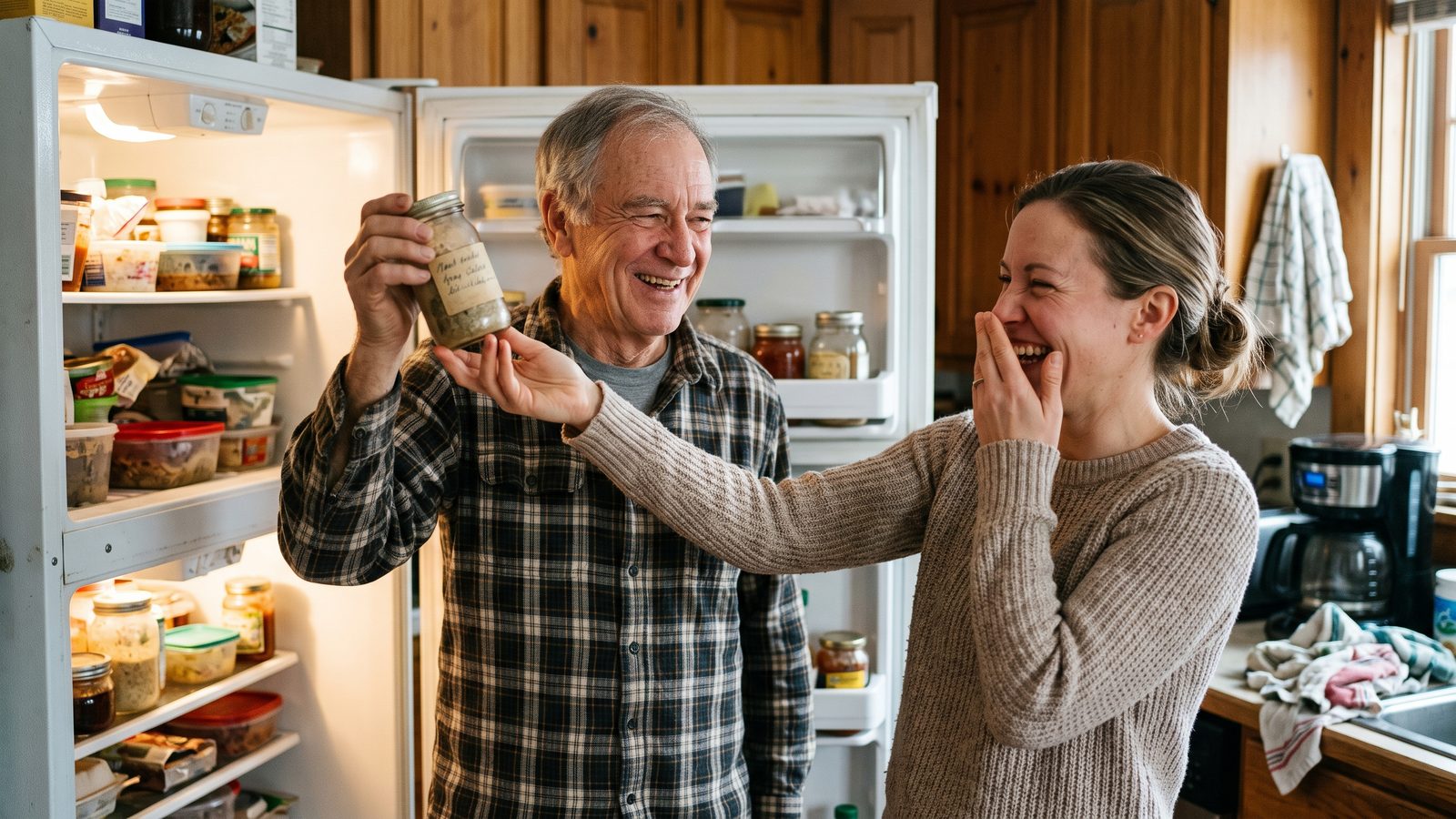A father proudly holding up an old jar from the back of the fridge while his daughter laughs beside him