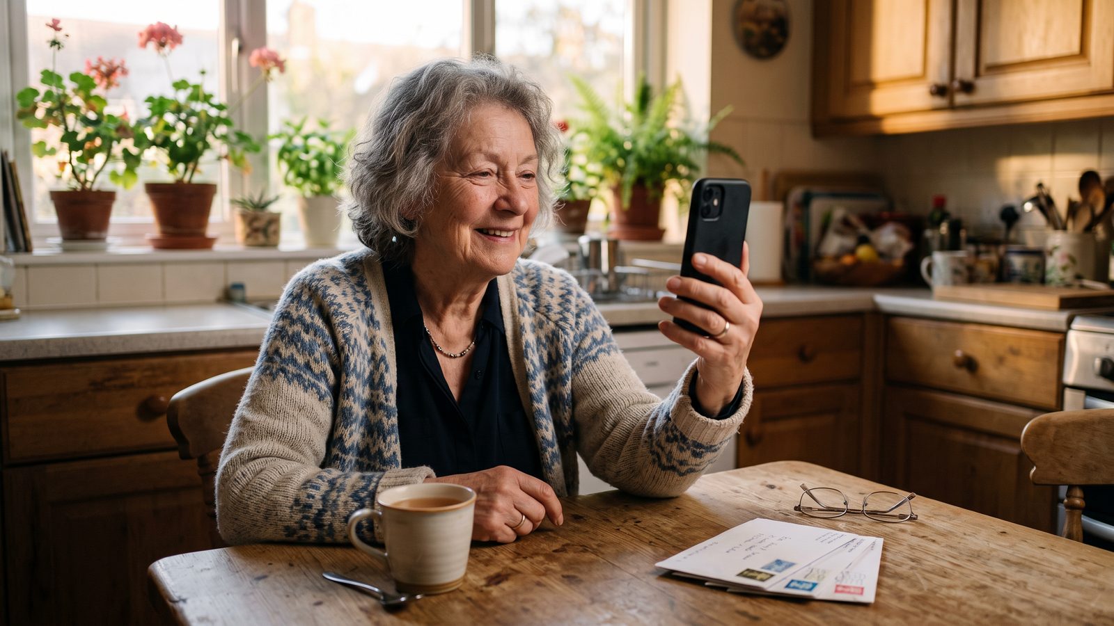 A mother at her kitchen table smiling on a video call, a small stack of unopened envelopes beside her cup of tea