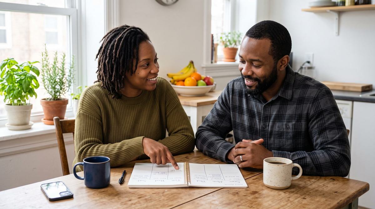 A brother and sister planning the week together at a sunny kitchen table