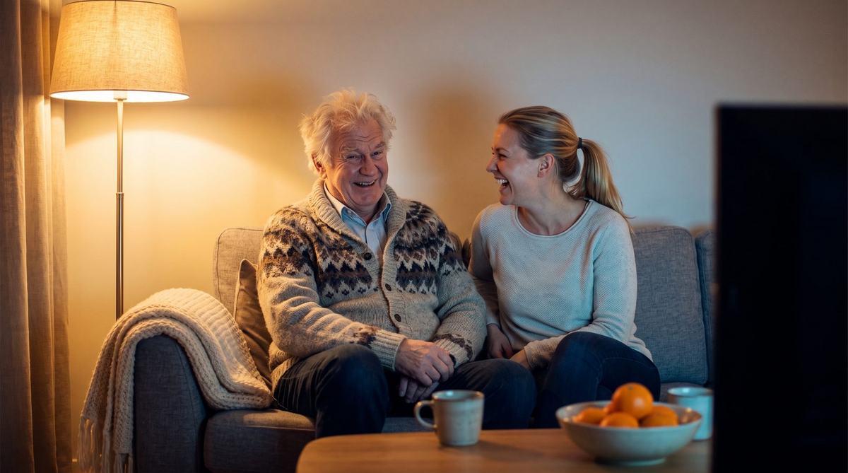 An elderly father and his daughter laughing together on the sofa in the evening