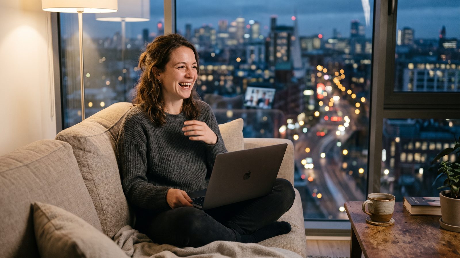 A woman in a city apartment at night laughing during a video call on her laptop, a mug of tea beside her