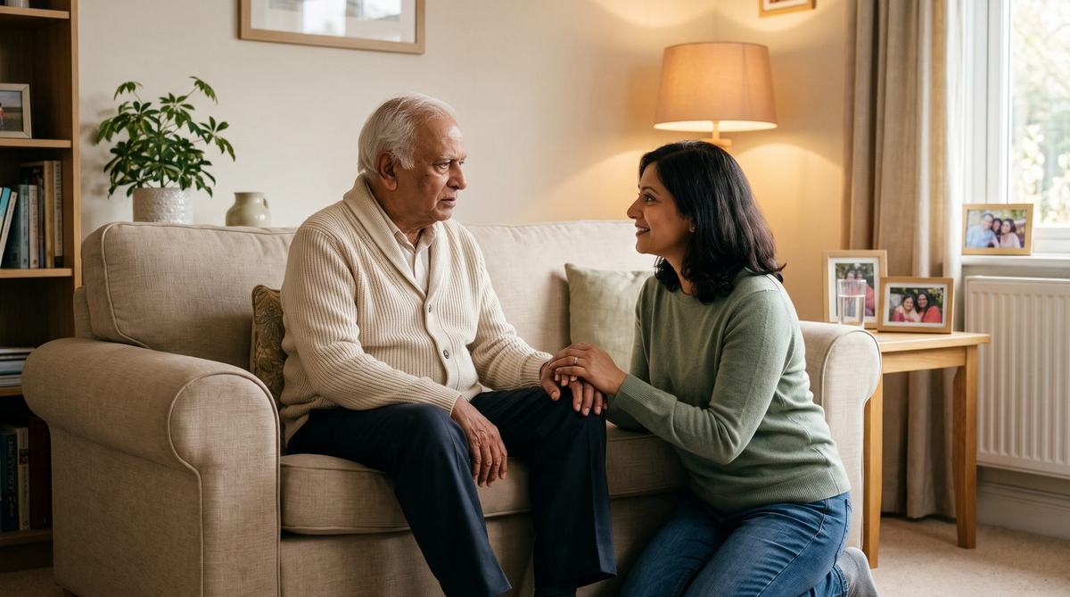 A daughter kneeling beside her elderly father on the sofa, holding his hand and reassuring him