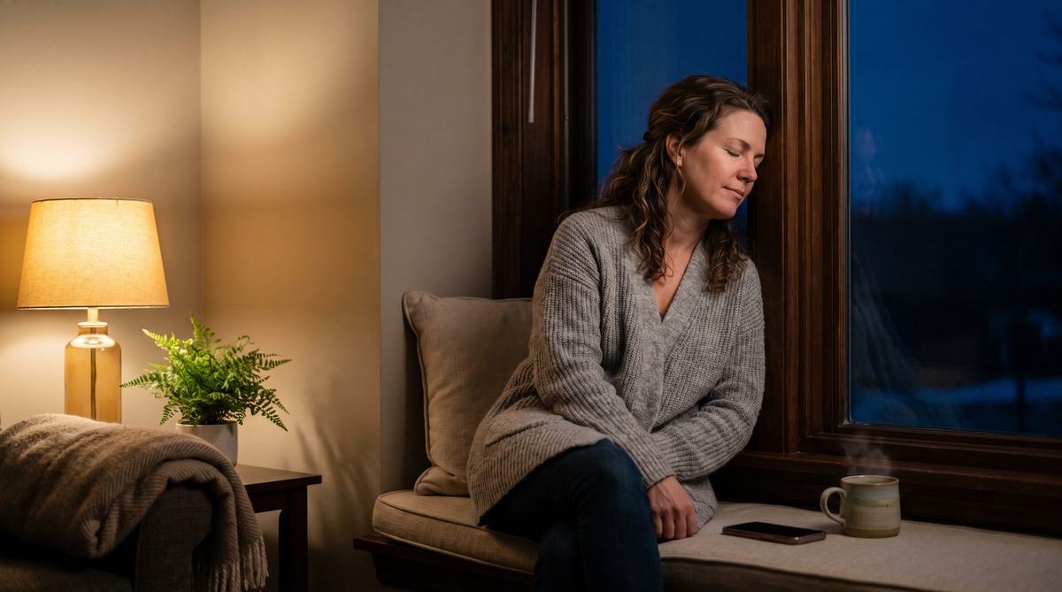 A woman resting by a window at night with her phone face down beside a cup of tea