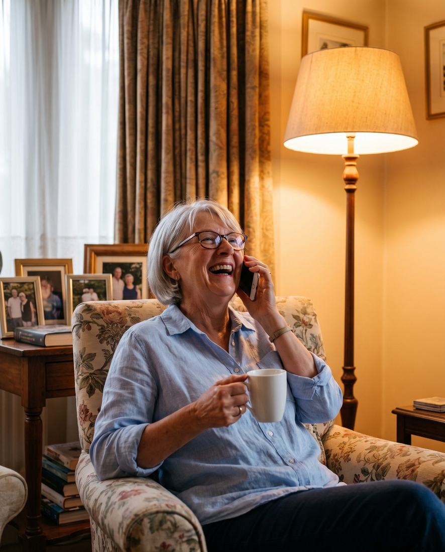 Margaret laughing on an evening phone call with a mug of tea