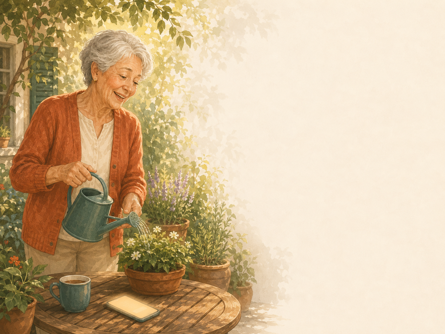 Margaret watering her garden in the morning as Vini says good morning on her phone