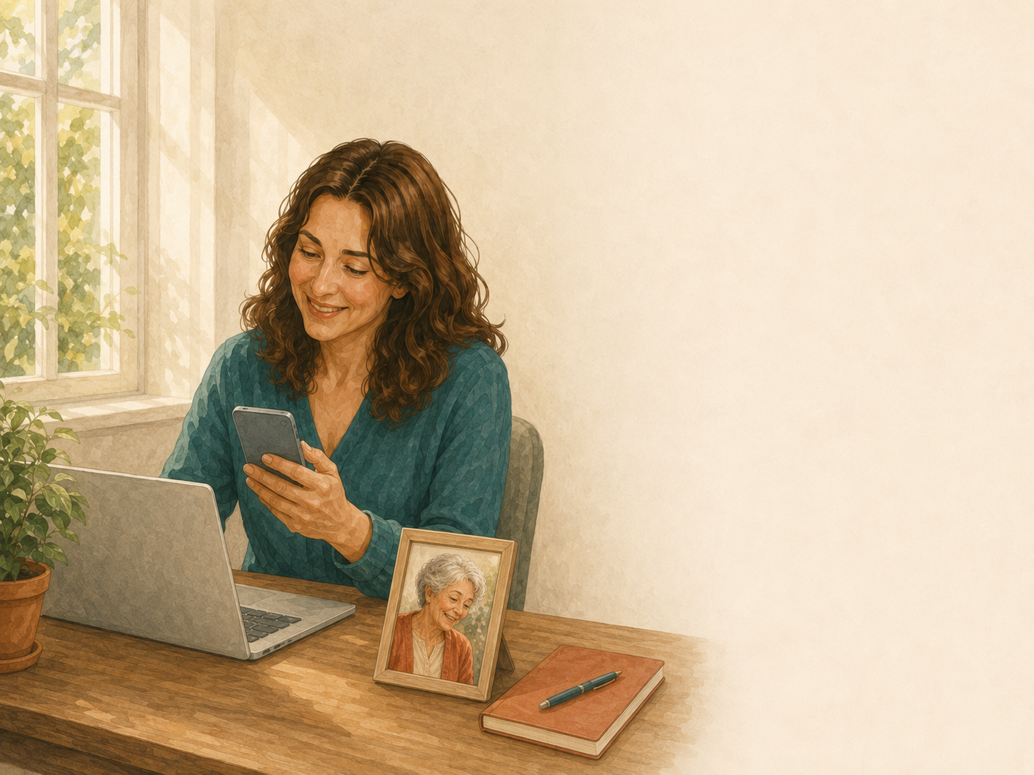 Sarah at her desk asking Vini how her mom is doing today