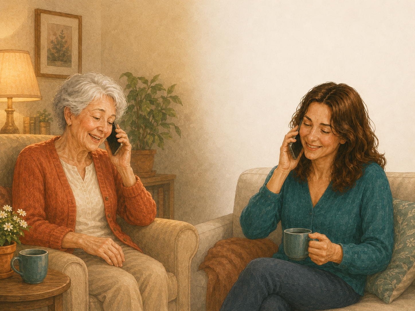 Margaret and Sarah enjoying a relaxed evening phone call together