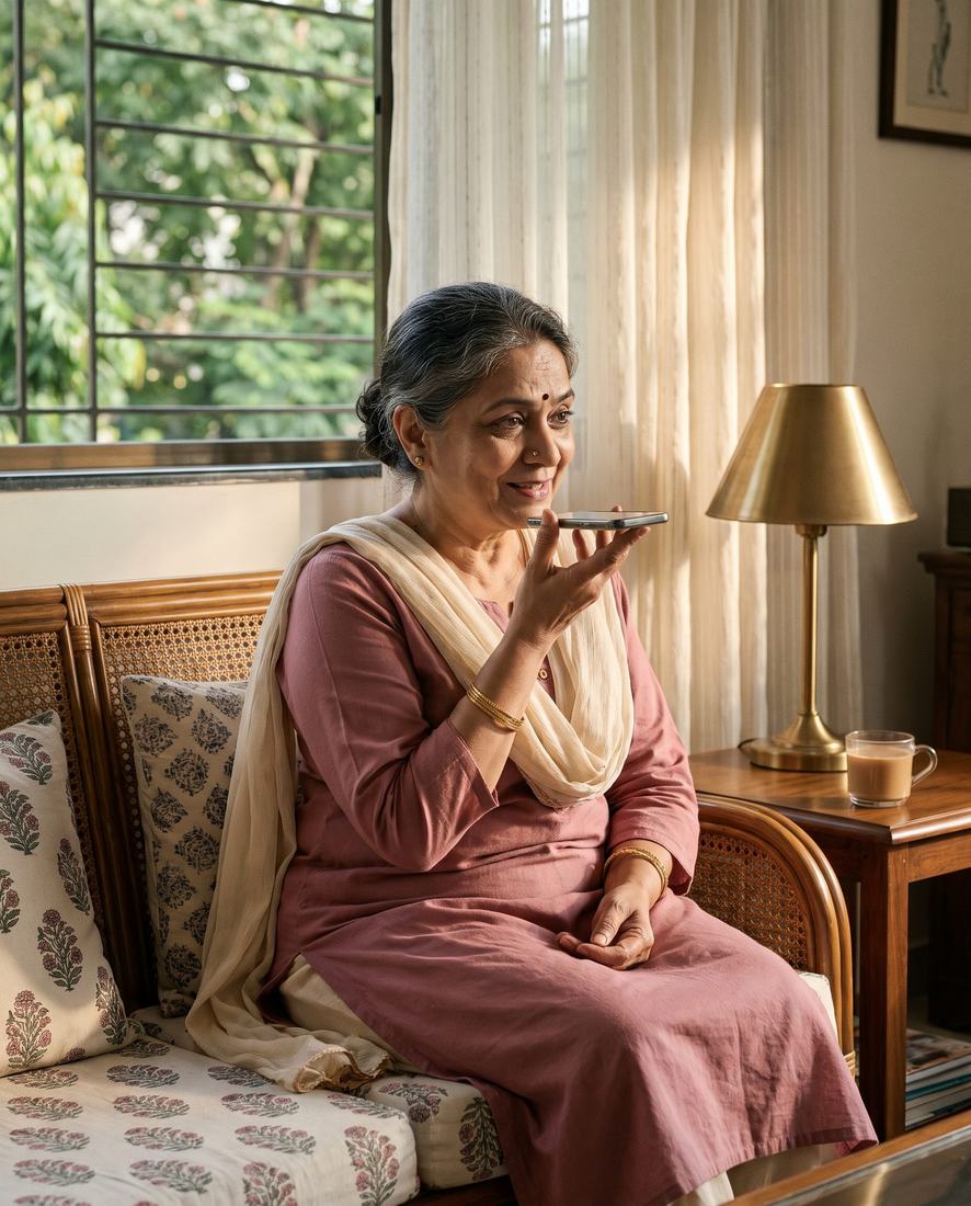 Sunita recording a voice note on the sofa
