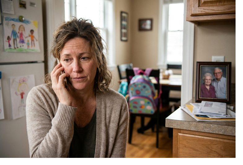 An adult daughter on the phone checking on her parent