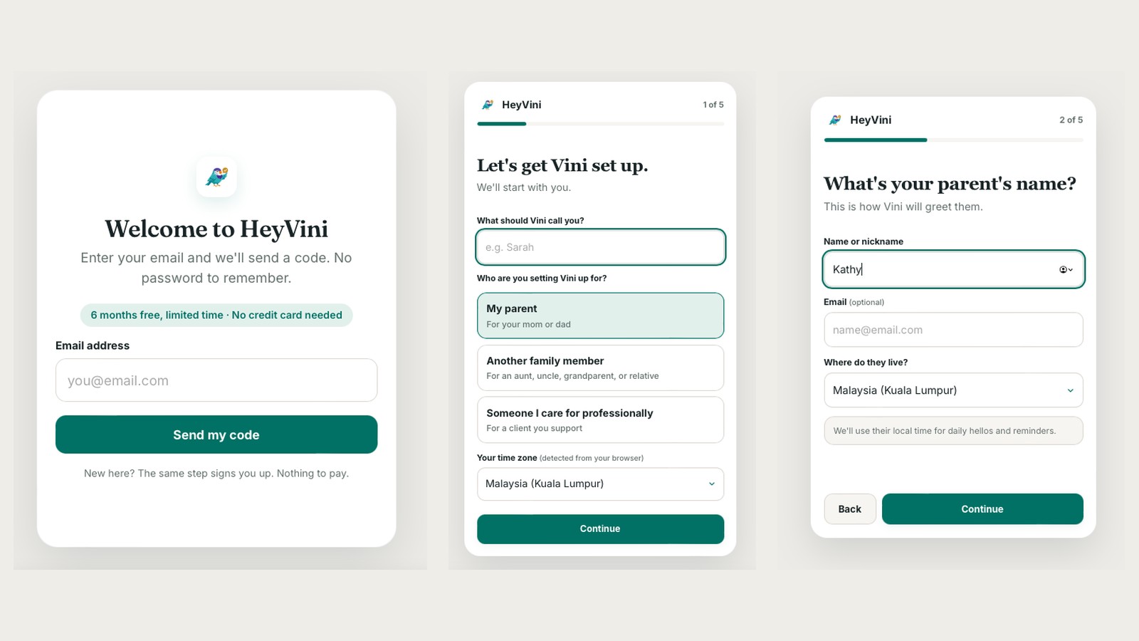 The HeyVini login card and the first two setup screens