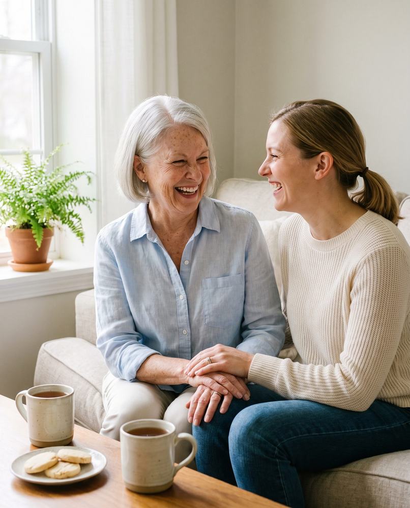 A mother and her daughter laughing together over tea